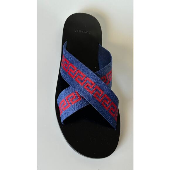 NIB Versace Greca Crisscross Blue/Red Slides Sandals 8.5 US (41.5 Euro) 1006273 - Picture 4 of 12